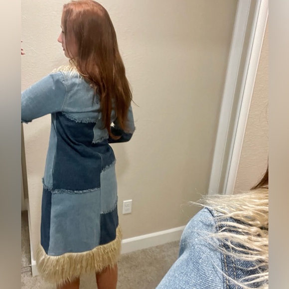 Vintage 90s inspired denim faux fur long lined maxi jacket - Picture 3 of 5